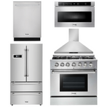 Thor Kitchen Package - 36 in. Natural Gas Range, Range Hood, Microwave Drawer, Refrigerator, Dishwasher