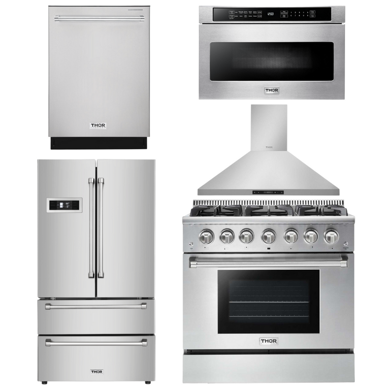 Thor Kitchen Package - 36 in. Natural Gas Range, Range Hood, Microwave Drawer, Refrigerator, Dishwasher