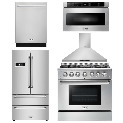 Thor Kitchen Package - 36 in. Natural Gas Range, Range Hood, Microwave Drawer, Refrigerator, Dishwasher