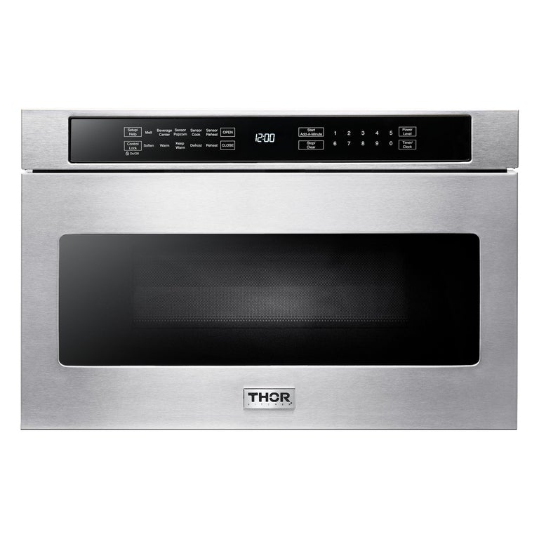 Thor Kitchen Package - 36 in. Natural Gas Range, Range Hood, Microwave Drawer, Refrigerator, Dishwasher