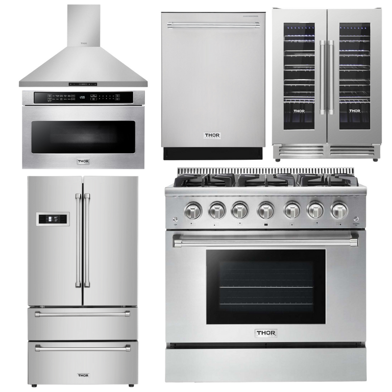 Thor Kitchen Package - 36 in. Natural Gas Range, Range Hood, Microwave Drawer, Refrigerator, Dishwasher, Wine Cooler