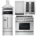 Thor Kitchen Package - 36 in. Natural Gas Range, Range Hood, Microwave Drawer, Refrigerator, Dishwasher, Wine Cooler