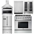 Thor Kitchen Package - 36 in. Natural Gas Range, Range Hood, Microwave Drawer, Refrigerator, Dishwasher, Wine Cooler