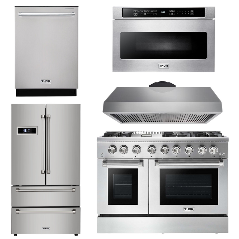 Thor Kitchen Package - 48 in. Dual Fuel Range, Range Hood, Refrigerator, Dishwasher, Microwave Drawer 