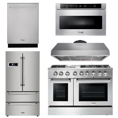 Thor Kitchen Package - 48 in. Dual Fuel Range, Range Hood, Refrigerator, Dishwasher, Microwave Drawer 