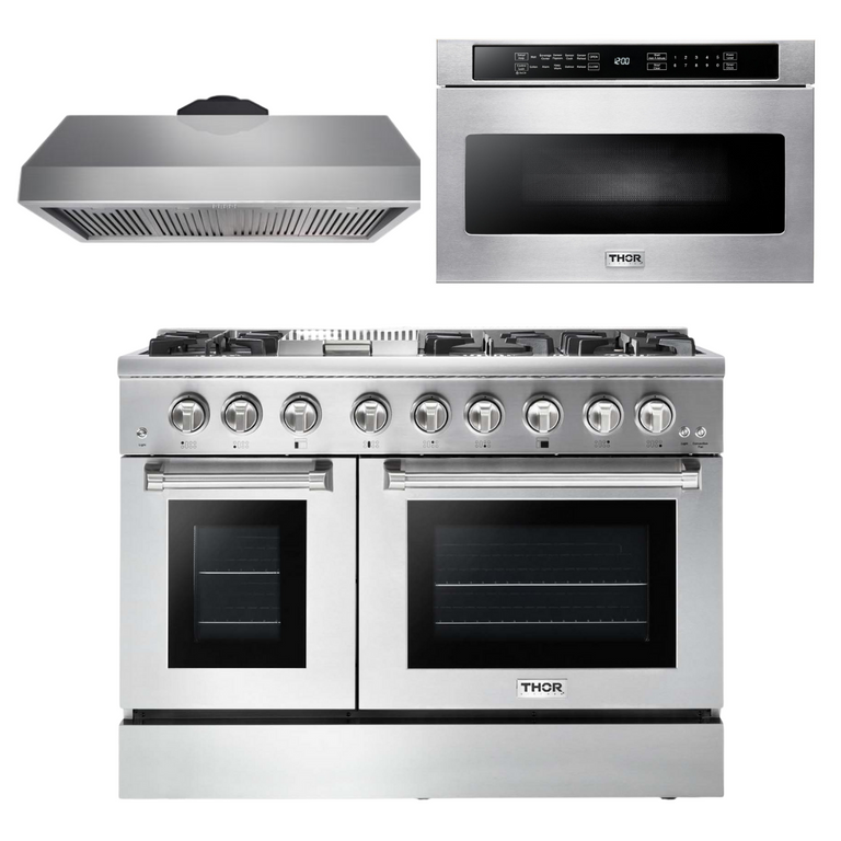Thor Kitchen Package - 48 in. Gas Burner/Electric Oven Range, Range Hood, Microwave Drawer