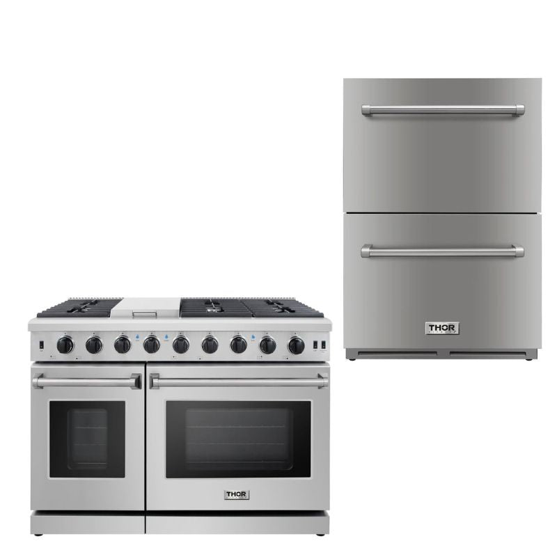 Thor Kitchen Appliance Package - 48 in. Gas Range, Double Drawer - TRF-LRG4807U-2401U - MyBBQDirect