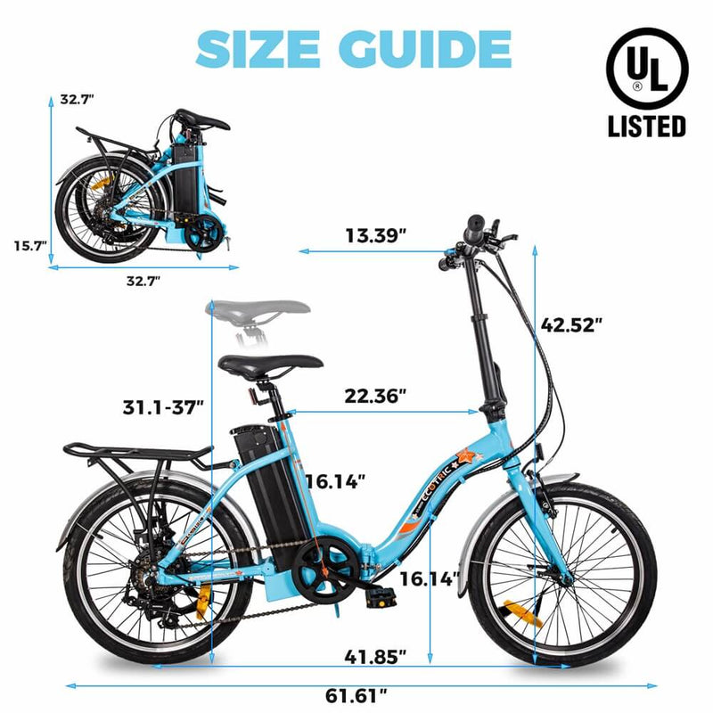 UL Certified-Ecotric 20inch Blue Starfish portable and folding electric bike