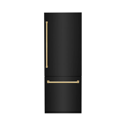 ZLINE 30 in. Autograph Edition 16.1 cu. ft. Built-in 2-Door Bottom Freezer Refrigerator with Internal Water and Ice Dispenser in Black Stainless Steel with Polished Gold Accents (RBIVZ-BS-30-G)
