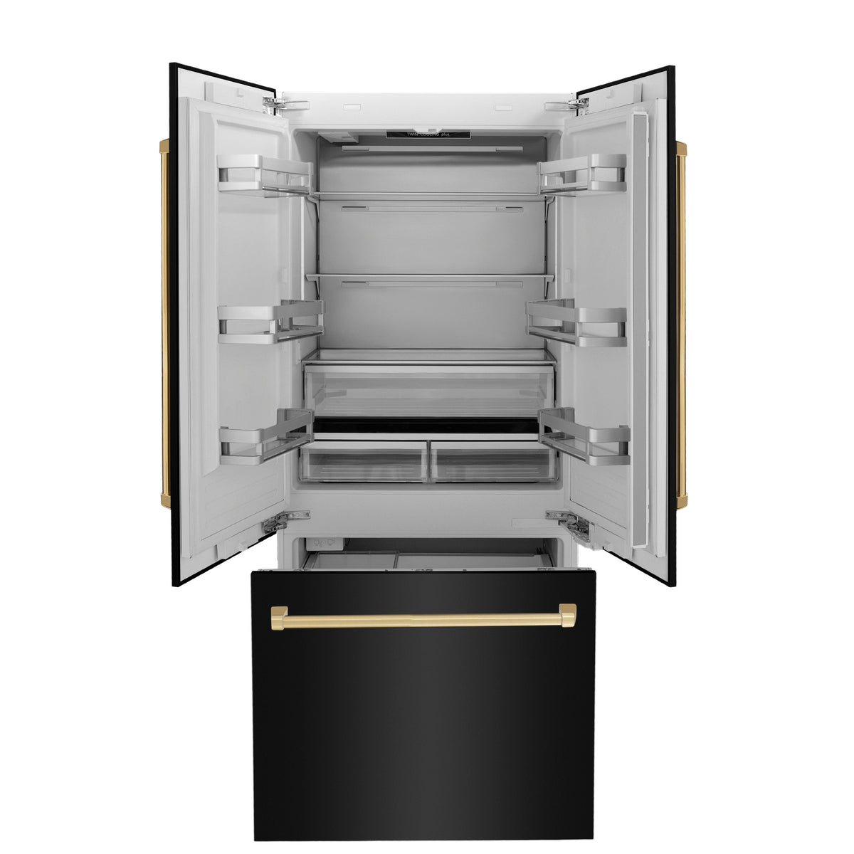 ZLINE 36 in. Autograph Edition 19.6 cu. ft. Built-in 2-Door Bottom Freezer Refrigerator with Internal Water and Ice Dispenser in Black Stainless Steel with Polished Gold Accents (RBIVZ-BS-36-G) - MyBBQDirect