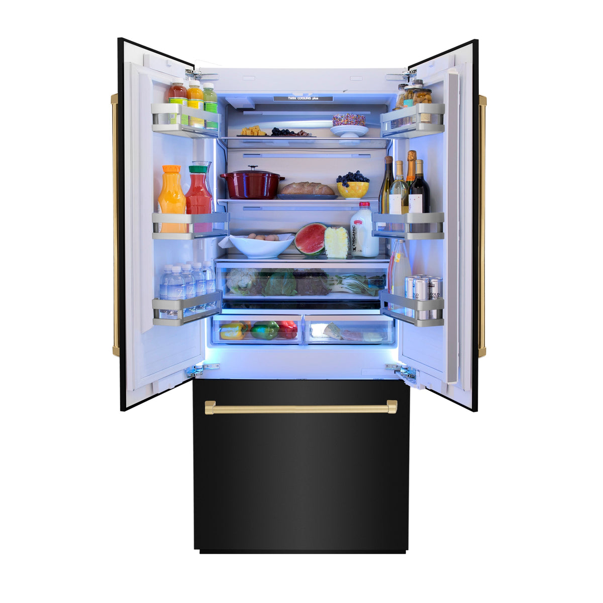 ZLINE 36 in. Autograph Edition 19.6 cu. ft. Built-in 2-Door Bottom Freezer Refrigerator with Internal Water and Ice Dispenser in Black Stainless Steel with Polished Gold Accents (RBIVZ-BS-36-G) - MyBBQDirect