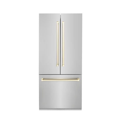ZLINE 36” Autograph Edition 19.6 cu. ft. Built-in 2-Door Bottom Freezer Refrigerator with Internal Water and Ice Dispenser in Stainless Steel with Polished Gold Accents (RBIVZ-304-36-G) - MyBBQDirect