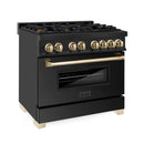 ZLINE 36 in. Autograph Edition Kitchen Package with Black Stainless Steel Dual Fuel Range and Range Hood with Polished Gold Accents (2AKP-RABRH36-G)