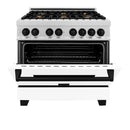 ZLINE 36 in. Autograph Edition Kitchen Package with Stainless Steel Dual Fuel Range with White Matte Door and Range Hood with Matte Black Accents (2AKP-RAWMRH36-MB)