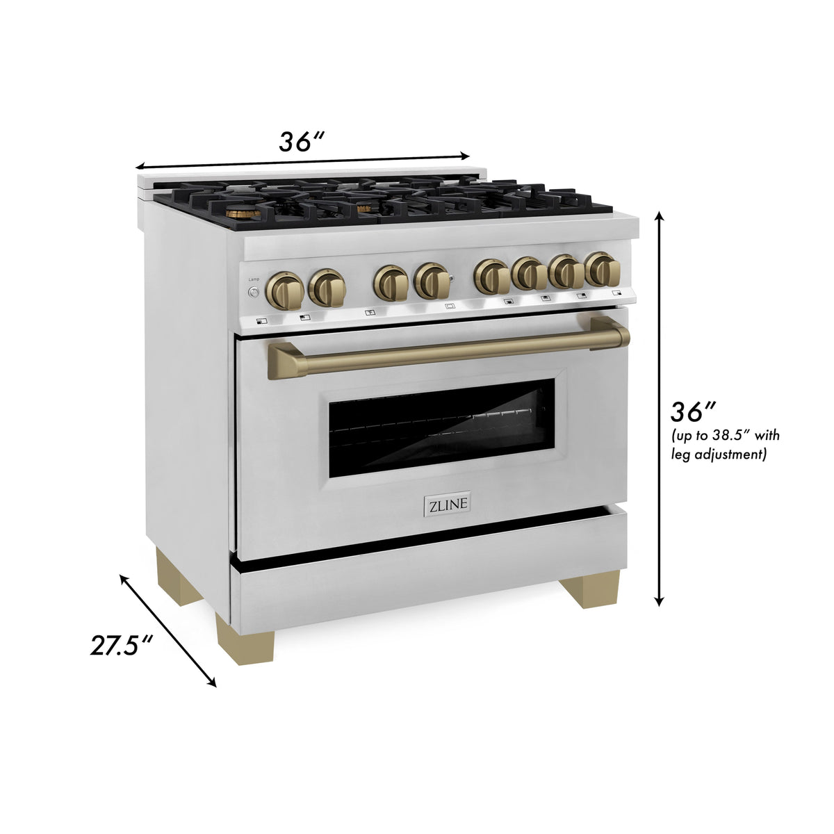 ZLINE 36 in. Autograph Edition Kitchen Package with Stainless Steel Dual Fuel Range, Range Hood and Dishwasher with Champagne Bronze Accents (3AKP-RARHDWM36-CB) - MyBBQDirect