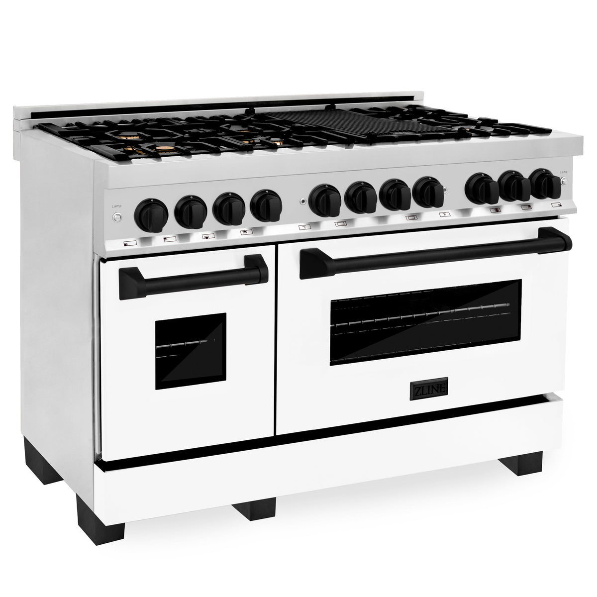 ZLINE 48 in. Autograph Edition Kitchen Package with Stainless Steel Dual Fuel Range with White Matte Door and Range Hood with Matte Black Accents (2AKP-RAWMRH48-MB) - MyBBQDirect