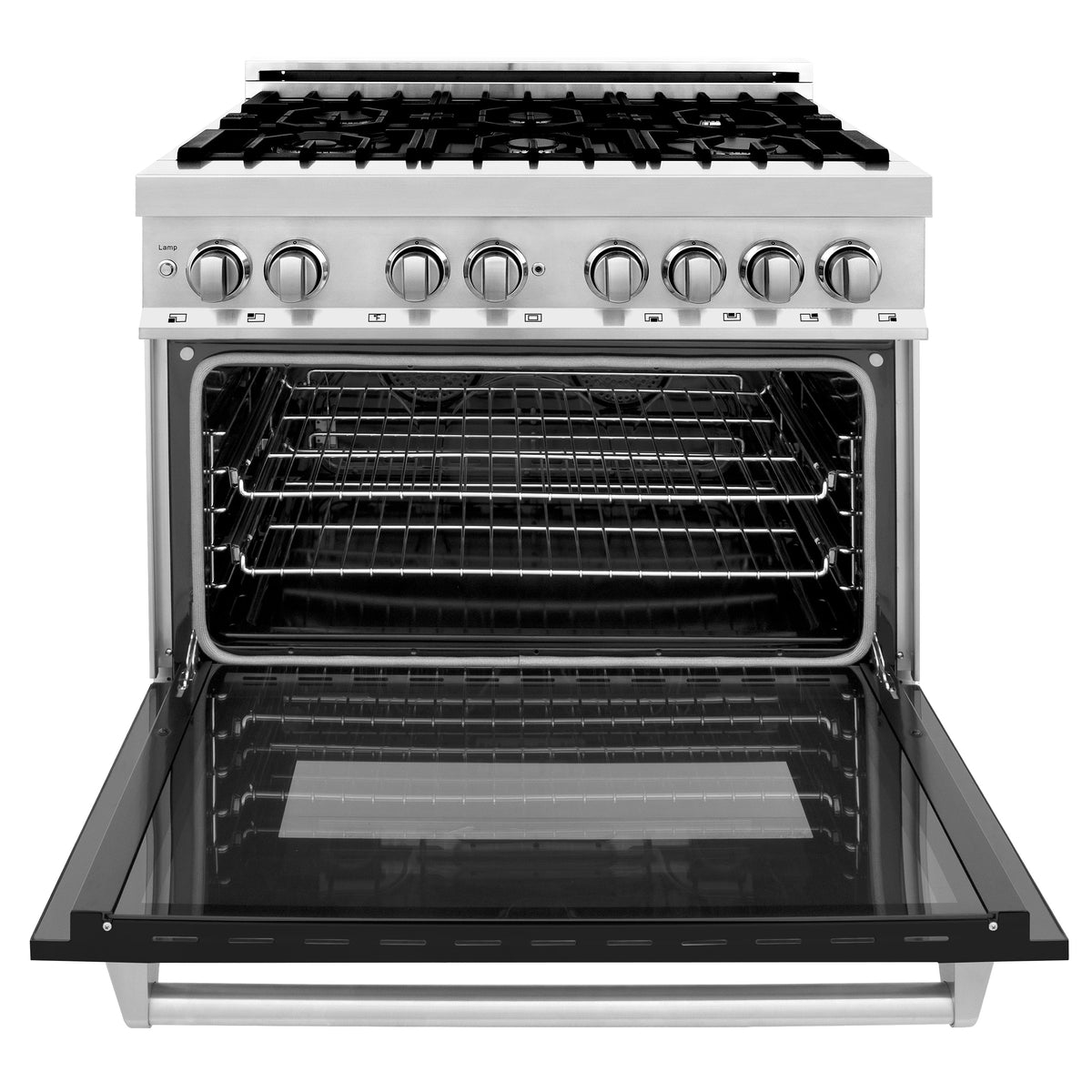 ZLINE 36 in. Kitchen Package with Stainless Steel Dual Fuel Range with Black Matte Door and Convertible Vent Range Hood (2KP-RABLMRH36) - MyBBQDirect