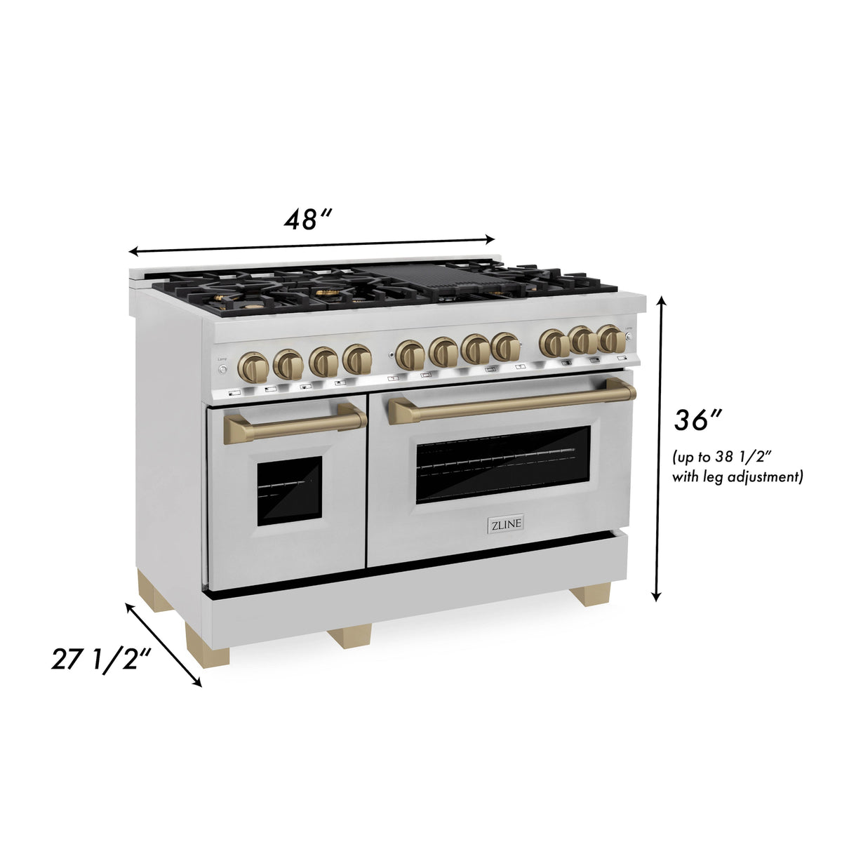 ZLINE 48 in. Autograph Edition Kitchen Package with Stainless Steel Dual Fuel Range and Range Hood with Champagne Bronze Accents (2AKP-RARH48-CB) - MyBBQDirect