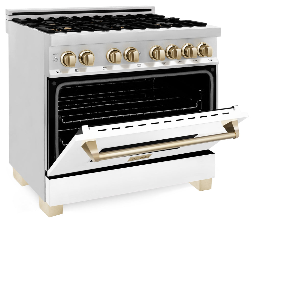 ZLINE 36 in. Autograph Edition Kitchen Package with Stainless Steel Dual Fuel Range with White Matte Door and Range Hood with Polished Gold Accents (2AKP-RAWMRH36-G) - MyBBQDirect
