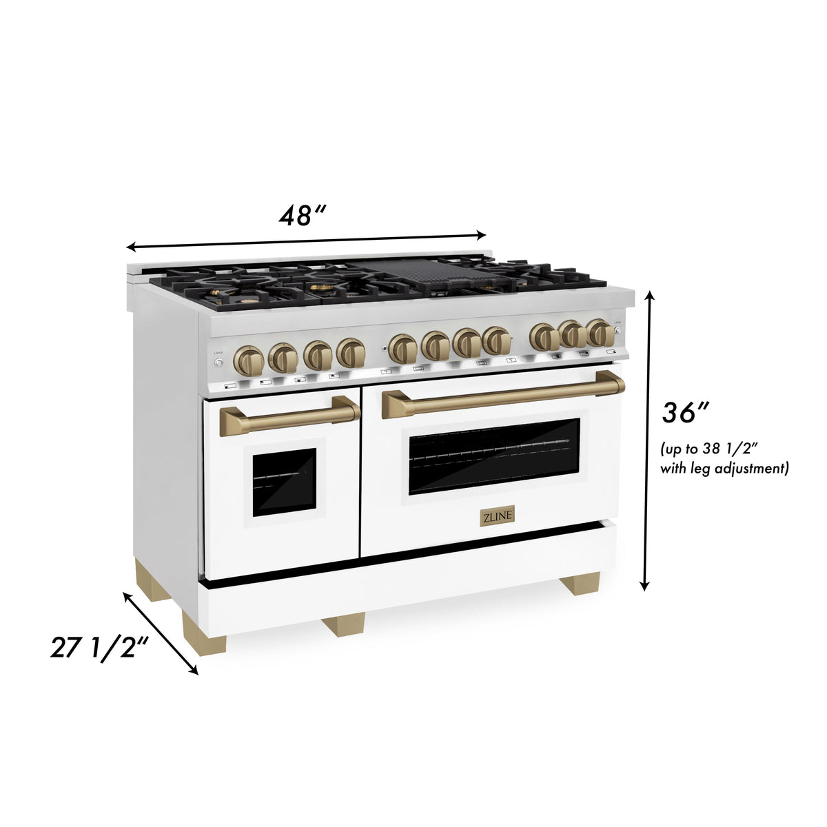 ZLINE 48 in. Autograph Edition Kitchen Package with Stainless Steel Dual Fuel Range with White Matte Door and Range Hood with Champagne Bronze Accents (2AKP-RAWMRH48-CB) - MyBBQDirect