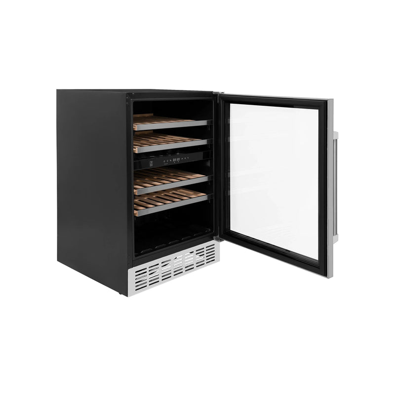 ZLINE 24 In. Monument Dual Zone 44-Bottle Wine Cooler in Stainless Steel with Wood Shelf (RWV-UD-24)