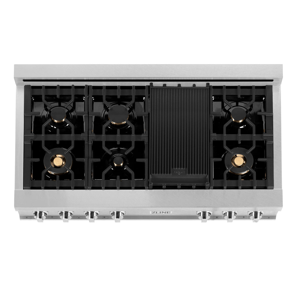 ZLINE 48 in. Porcelain Gas Stovetop in DuraSnow Stainless Steel with 7 Gas Burners and Griddle (RTS-48) Available with Brass Burners - MyBBQDirect