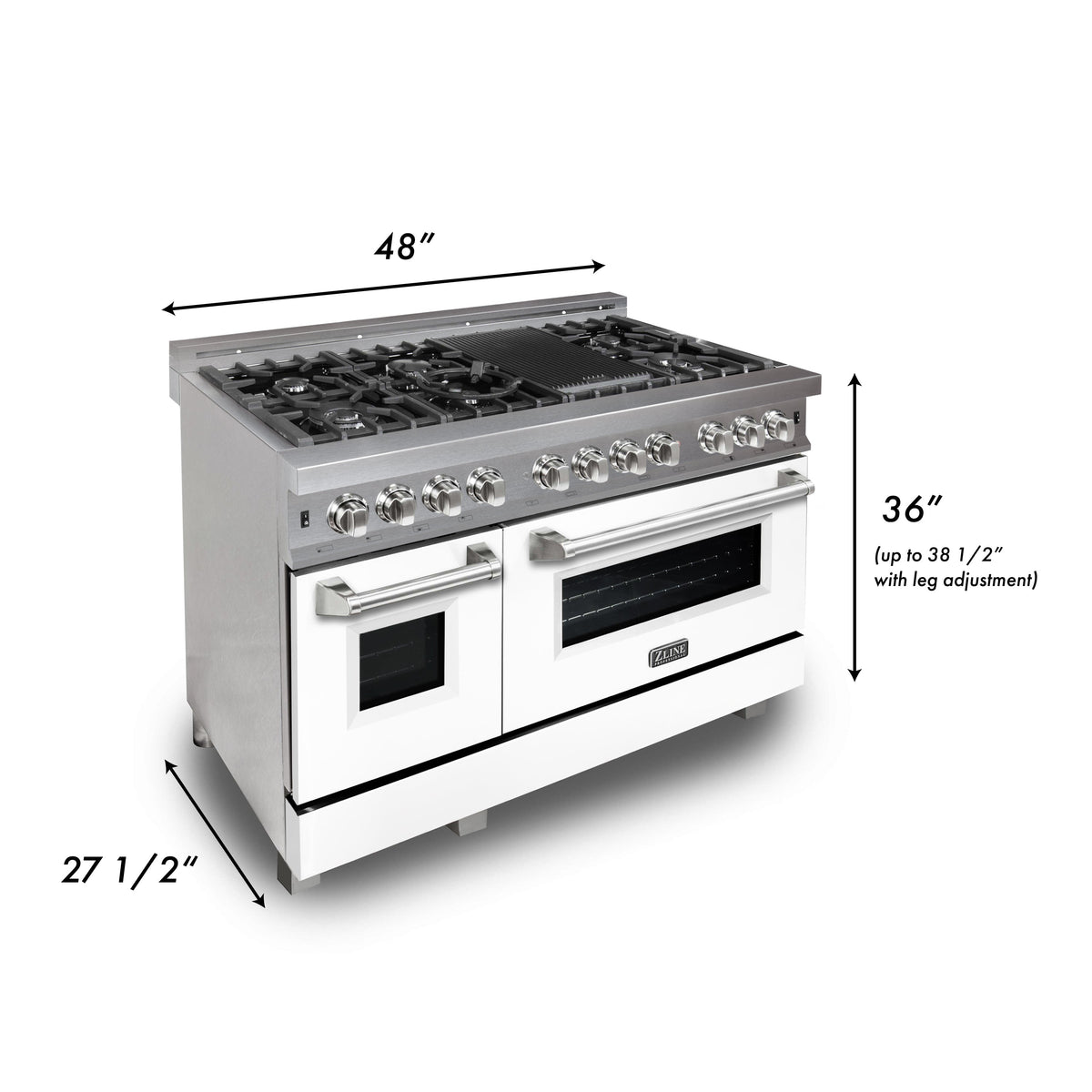 ZLINE 48 in. Kitchen Package with DuraSnow Stainless Steel Dual Fuel Range with White Matte Door and Convertible Vent Range Hood (2KP-RASWMRH48) - MyBBQDirect