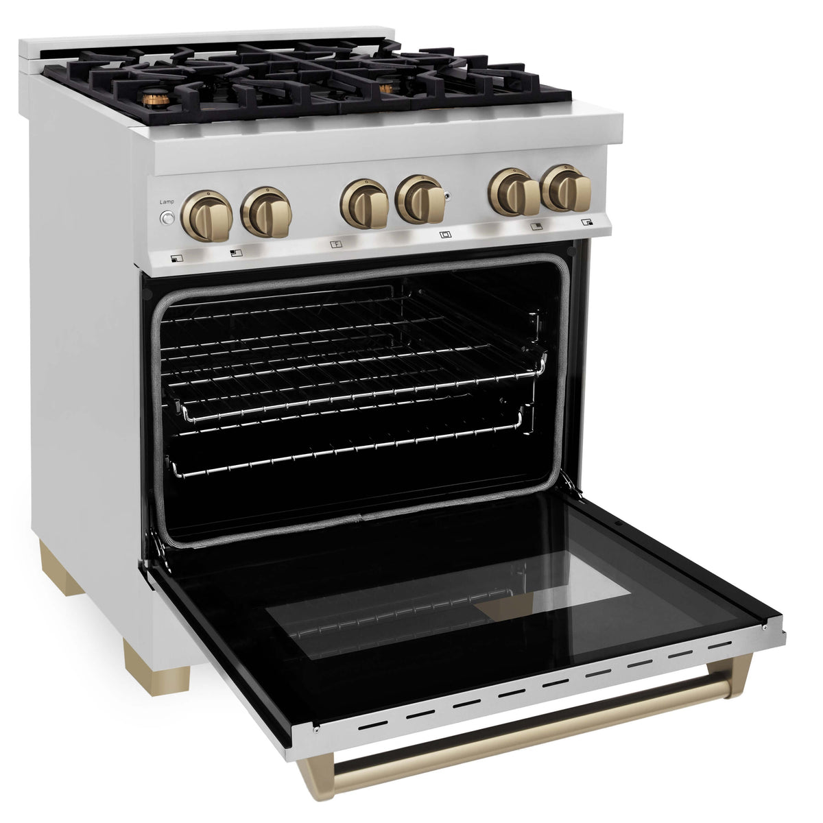 ZLINE 30 in. Autograph Edition Kitchen Package with Stainless Steel Dual Fuel Range and Range Hood with Champagne Bronze Accents (3AKP-RARHDWM30-CB) - MyBBQDirect