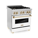 ZLINE 30 in. Autograph Edition Kitchen Package with Stainless Steel Dual Fuel Range with White Matte Door and Range Hood with Polished Gold Accents (2AKP-RAWMRH30-G)
