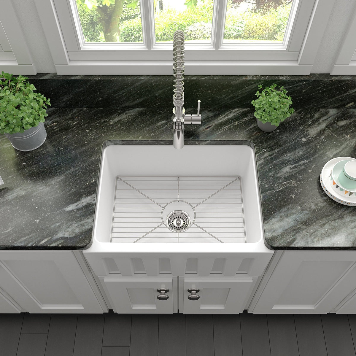 ZLINE 24 in. Venice Farmhouse Apron Front Reversible Single Bowl Fireclay Kitchen Sink with Bottom Grid (FRC5120) - MyBBQDirect