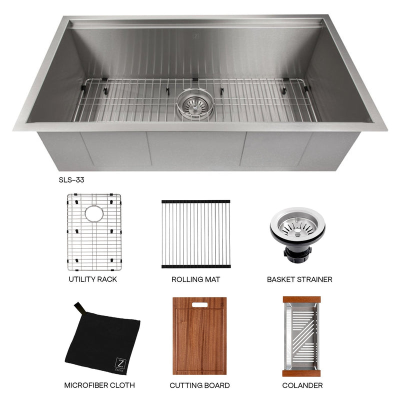 ZLINE 33" Garmisch Undermount Single Bowl Kitchen Sink with Bottom Grid and Accessories 