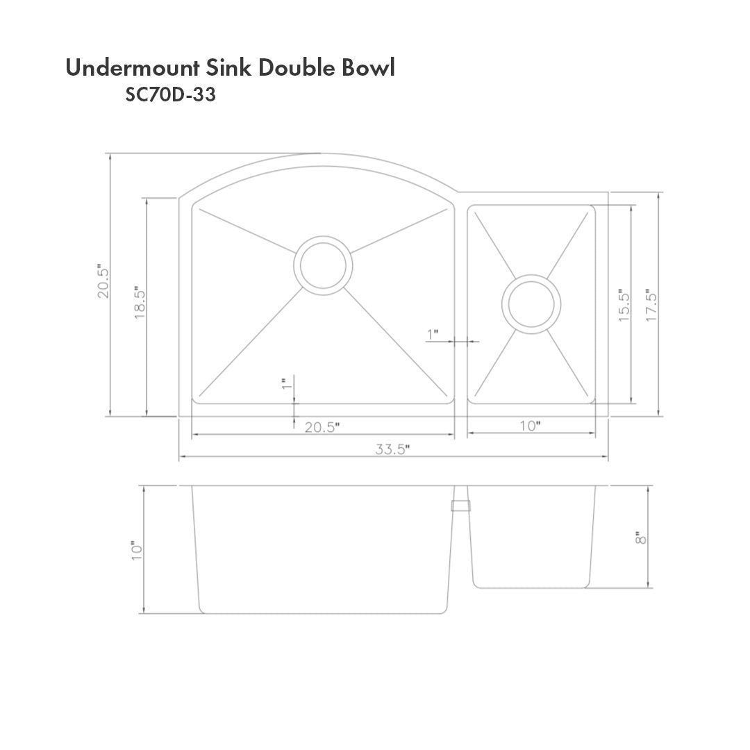 ZLINE 33 in. Cortina Undermount Double Bowl Kitchen Sink with Bottom Grid (SC70D) - MyBBQDirect