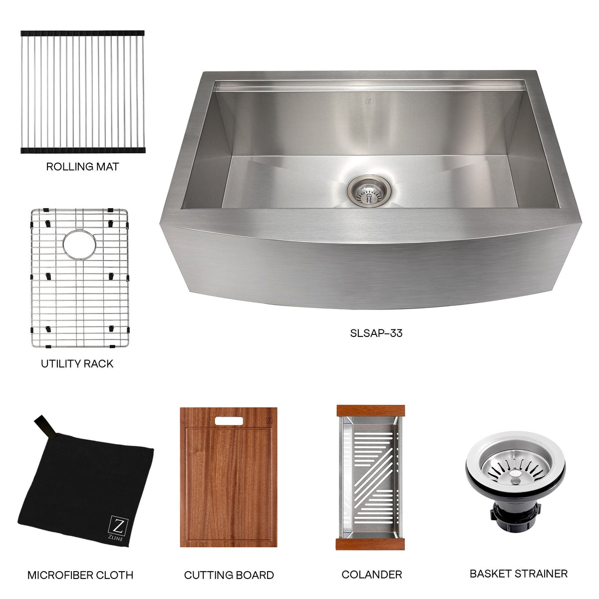 ZLINE 33 in. Moritz Farmhouse Apron Mount Single Bowl Kitchen Sink with Bottom Grid and Accessories (SLSAP-33) - MyBBQDirect