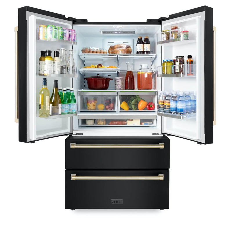 ZLINE 36" Autograph Edition 22.5 cu. ft Freestanding French Door Refrigerator with Ice Maker in Fingerprint Resistant Black Stainless Steel with Accents