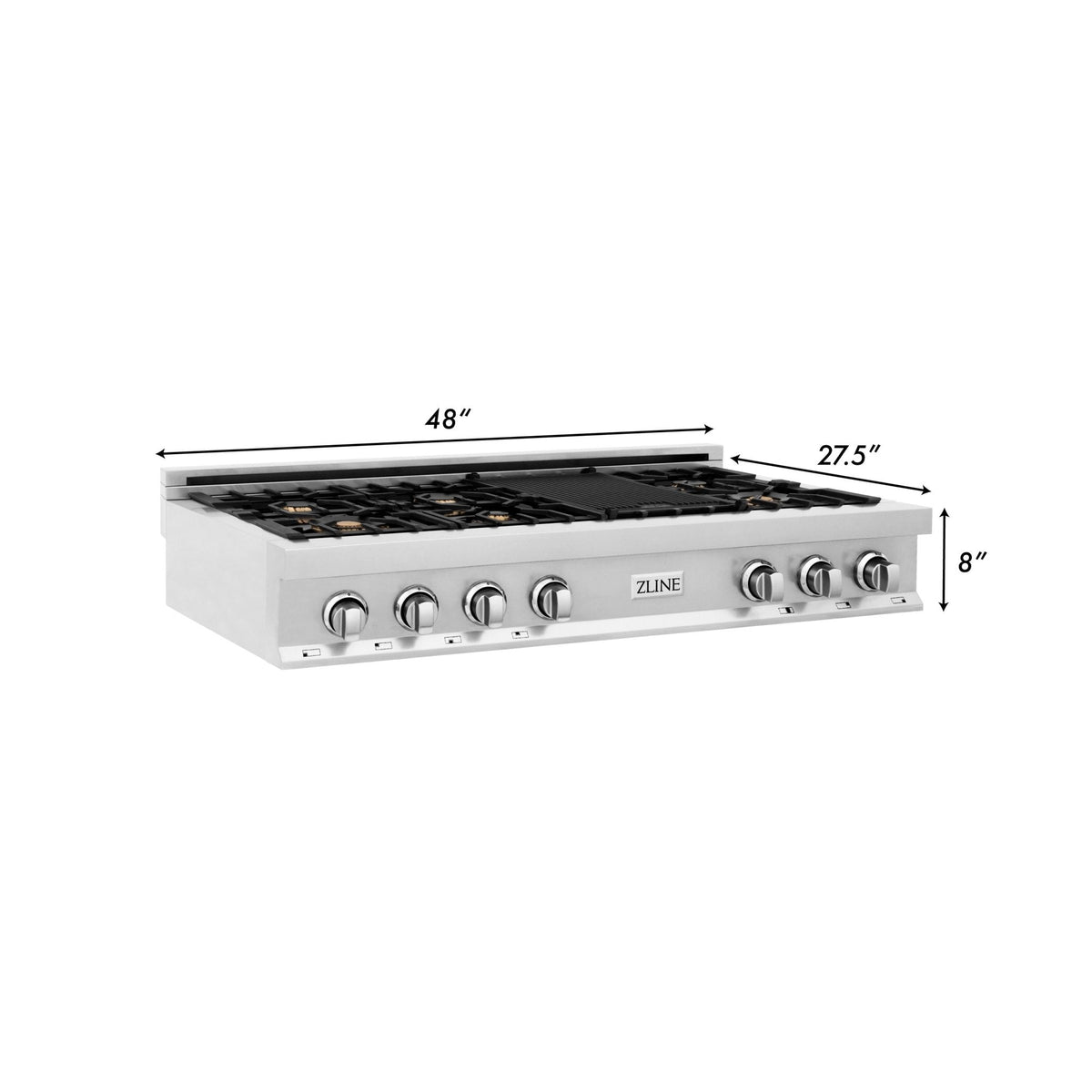 ZLINE 48 in. Porcelain Gas Stovetop with 7 Gas Burners and Griddle (RT48) Available with Brass Burners - MyBBQDirect