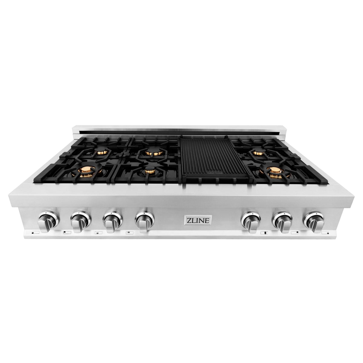 ZLINE 48 in. Porcelain Gas Stovetop with 7 Gas Burners and Griddle (RT48) Available with Brass Burners - MyBBQDirect