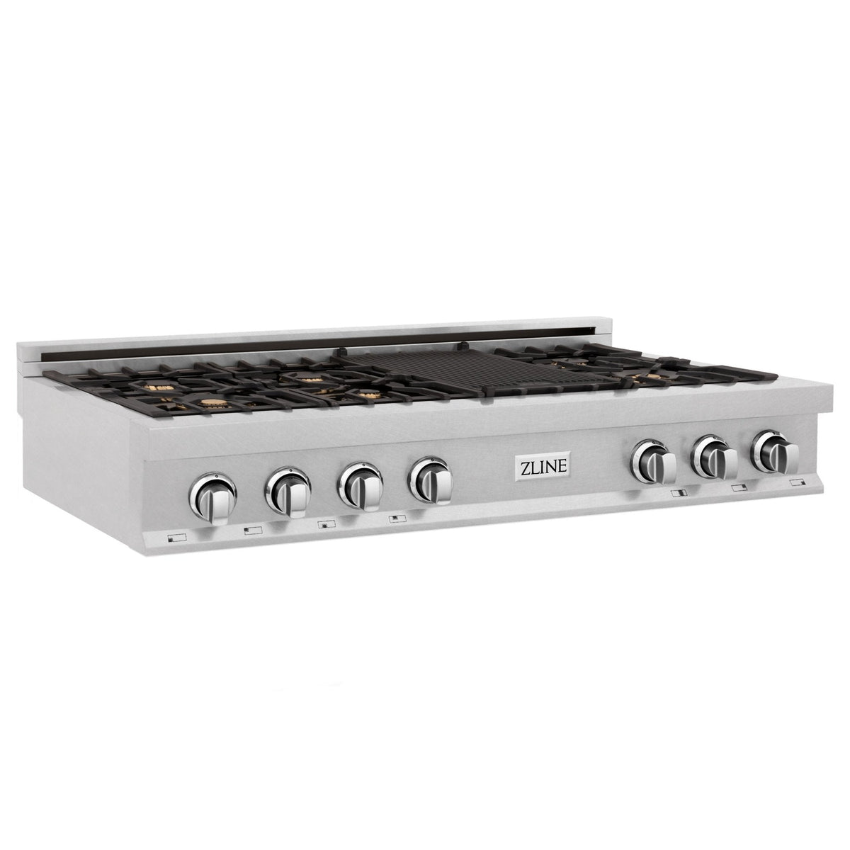 ZLINE 48 in. Porcelain Gas Stovetop in DuraSnow Stainless Steel with 7 Gas Burners and Griddle (RTS-48) Available with Brass Burners - MyBBQDirect