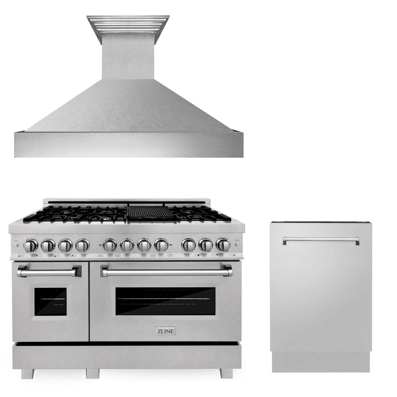 ZLINE Appliance Package - 48" Kitchen Package with DuraSnow® Stainless Dual Fuel Range, Ducted Vent Range Hood and Tall Tub Dishwasher