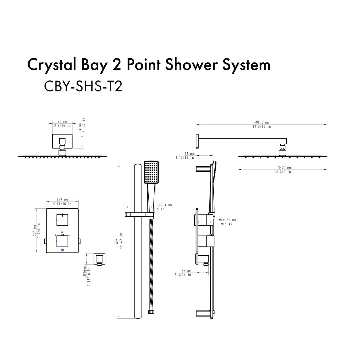 ZLINE Crystal Bay Thermostatic Shower System with color options (CBY-SHS-T2) - MyBBQDirect