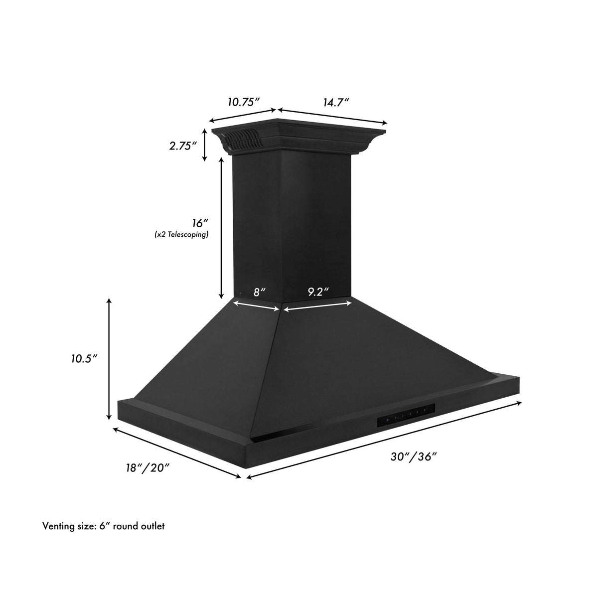ZLINE Ducted Vent Wall Mount Range Hood in Black Stainless Steel with Built-in ZLINE CrownSound™ Bluetooth Speakers (BSKBNCRN-BT) - MyBBQDirect