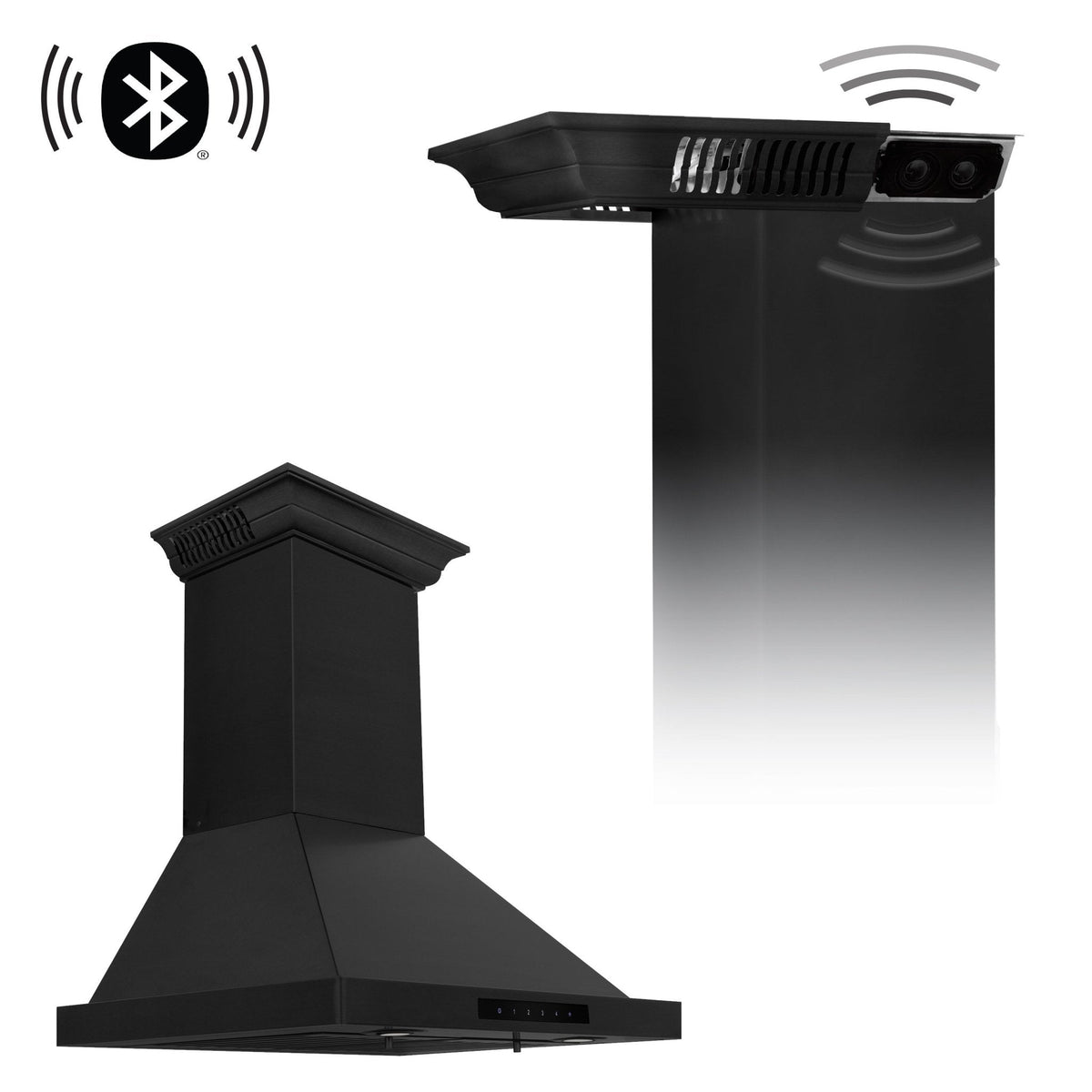 ZLINE Ducted Vent Wall Mount Range Hood in Black Stainless Steel with Built-in ZLINE CrownSound™ Bluetooth Speakers (BSKBNCRN-BT) - MyBBQDirect